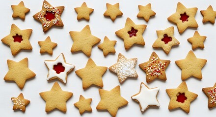 A delightful assortment of star-shaped cookies arranged in a visually pleasing display, decorated with icing and jam. The sweet treats create a festive and inviting atmosphere.