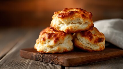 A tempting stack of fluffy buttery biscuits displayed on a rustic wooden board, radiating warmth and inviting anyone to enjoy this delicious baked treat fresh from the oven.