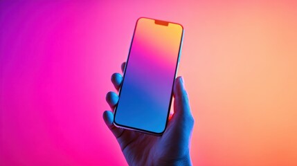 Hand holding a modern smartphone with a blank screen for mockup on a vibrant neon gradient background with colorful lighting