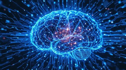 "Futuristic Digital Holographic Brain with Circuit Lines and Data Flow – STEM Innovation Technology Background - Powered by Adobe