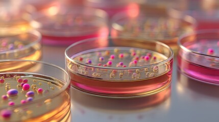 Petri dishes with colorful bacterial colonies growing in a science laboratory for microbiology research and biotechnology