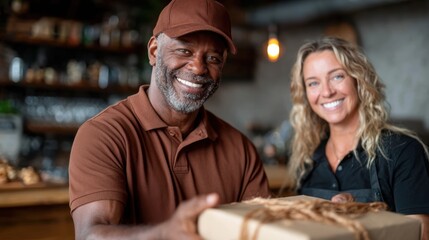 A joyful moment at a cafe where two individuals, a man and woman, are presenting a beautifully wrapped gift, showcasing warmth and community spirit.