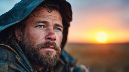A rugged man with a thoughtful expression gazes at the horizon during a stunning sunset, capturing deep emotions and reflection in the soft light of dusk.