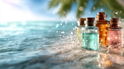 A vibrant collection of glass bottles filled with colorful liquids, artistically arranged on a sandy beach, surrounded by sparkling ocean waters illuminated by sunlight.