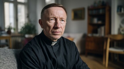 Naklejka premium Portrait of a middle aged Christian Priest sitting in an apartment, looking thoughtful or serious