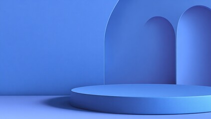 A minimalist, geometric display podium in a vibrant, uniform light-blue setting.