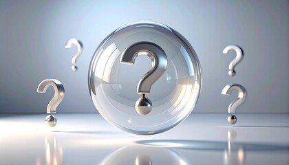 A conceptual 3D render of a central question mark inside a translucent sphere, surrounded by floating inquiries representing mystery and problem-solving
