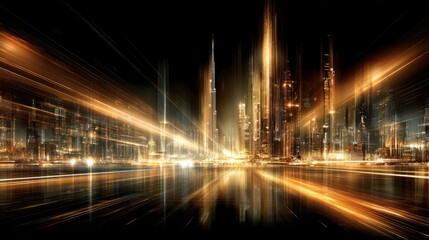 Obraz premium Futuristic city at night with golden light trails
