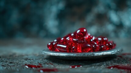 A close-up of red pills arranged on an elegant plate, symbolizing health, medicine, or perhaps the complexities of choices related to well-being and healing.