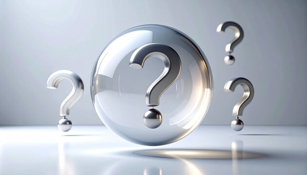 A futuristic 3D illustration of a central question mark encased in a glass orb, symbolizing mystery, doubt, and the quest for knowledge