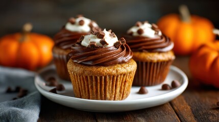 Tempting chocolate cupcakes topped with creamy frosting and fall-themed decorations, embodying the warmth and joy of seasonal celebrations and gatherings around sweet treats.
