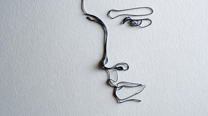 Minimalist wire art portrait of a womans face on white background, capturing the essence of simplicity and elegance in a single continuous line isolated on white background