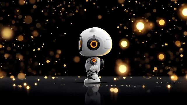 Cute robot character standing on a reflective surface with a sparkling golden background