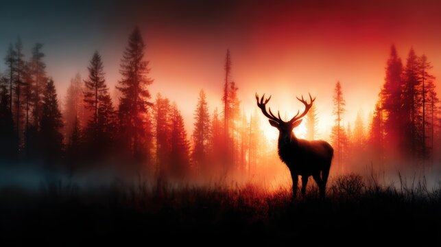 A stunning silhouette of a deer emerges against a vibrant sunrise, surrounded by a misty forest that evokes tranquility and a deeper connection to nature's beauty.