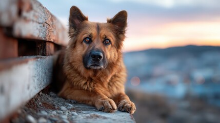 A serene dog rests on a wooden surface at sunset, showcasing the beauty of nature and companionship, ideal for pet lovers and outdoor enthusiasts in stock imagery.