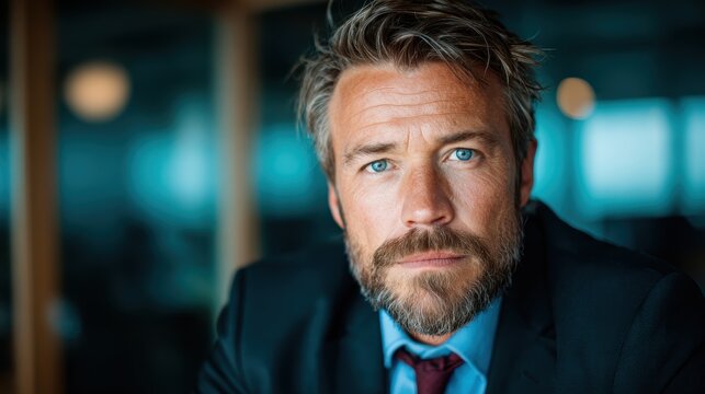 A serious and intense man with a well-groomed beard poses in business attire, conveying professionalism and strength, suitable for corporate or personal branding imagery.