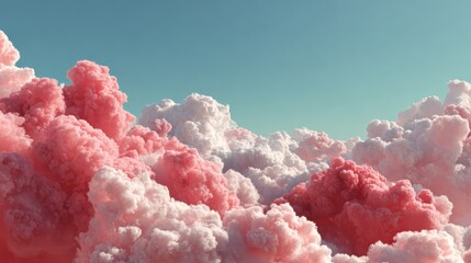 A stunning panorama of fluffy pink and white clouds illuminated by soft sunlight, creating a surreal visual experience reminiscent of a tranquil and dreamy atmosphere.