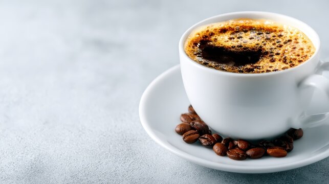 A freshly brewed cup of coffee with rich foam sits on a saucer, surrounded by scattered coffee beans, emphasizing the allure of coffee culture and indulgence.