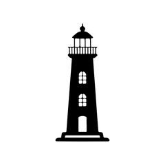 Single black silhouette lighthouse with windows and a door on a white background beacon