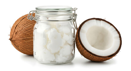 Glass jar of solidified coconut oil with smooth surface placed beside a whole and halved fresh coconut, natural tropical product, isolated on transparent background