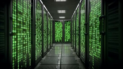 Data Center Corridor with Green Binary Code Effect - Powered by Adobe