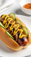 of a hot dog with grilled sausage served in a bun, topped with fresh cucumber slices, caramelized onions, and mustard sauce