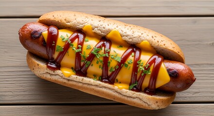 of a grilled hot dog in a whole grain bun topped with melted cheese, ketchup, and fresh herbs.