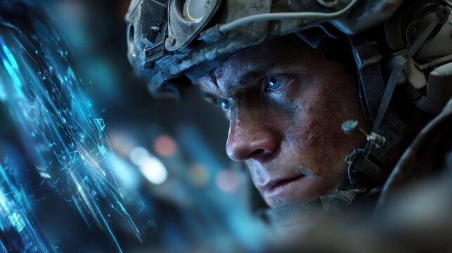 Focused soldier in modern military gear