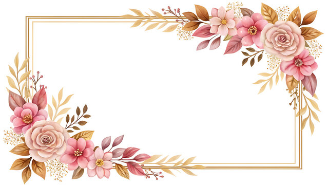 Elegant golden rectangle frame decorated with delicate pink roses and autumn foliage for invitations and greetings