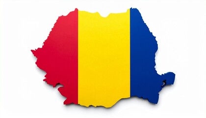 The flag of Romania placed within the map shape of Romania bold vertical stripes isolated on white background
