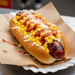 hot dog with grilled sausage served in a bun, topped with sweet corn, grated cheese, and ketchup