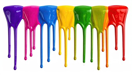 Dripping vibrant paint in a spectrum of colors against a stark white background.  The glossy paint flows downwards in thick, even streams