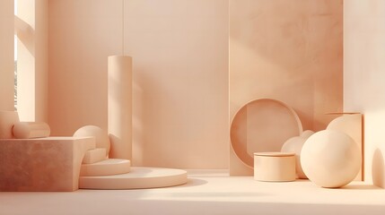 Obraz premium Minimalist Soft Tech 3D Cylinder Background in Warm Pastel Cream and Orange