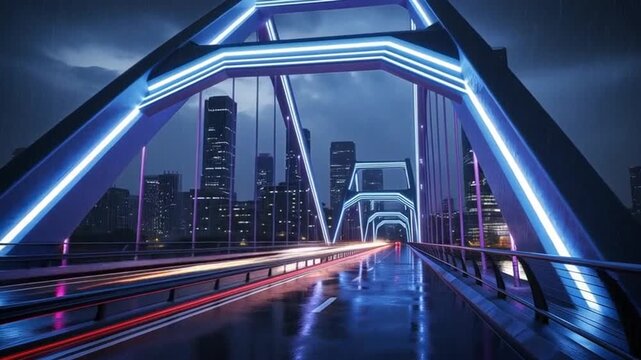 Neon Bridge at Night: Cityscape, Rain, and Light Trails - Dynamic Urban Scene