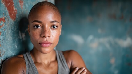 A confident young woman with short hair and freckles poses against a weathered wall, embodying strength and individuality with an air of quiet resilience.