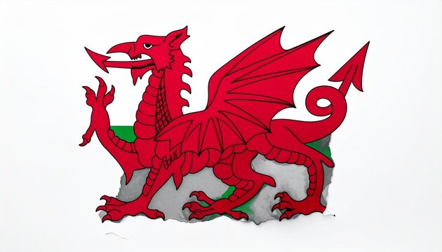 The flag of Wales filling the map outline of Wales detailed red dragon design isolated on white background
