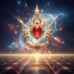 Thai-inspired golden ornament with multicolor crystal gems, blending cultural elegance with cosmic fantasy