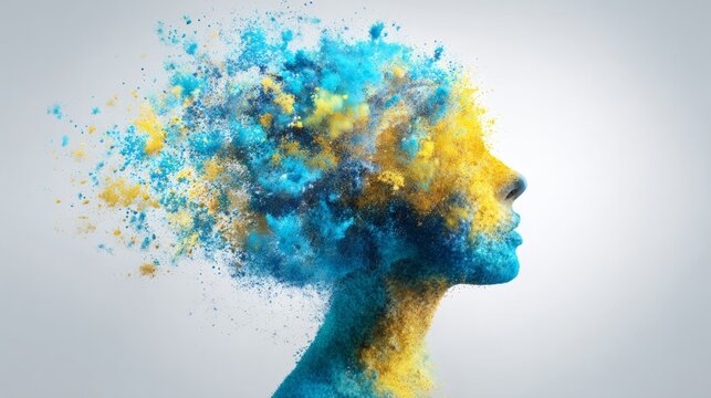 Abstract portrait of a human face dissolving into blue and yellow powder explosion on white background