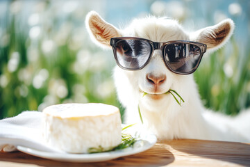 A round-shaped cheese head next to a goat wearing dark glasses and eating grass. Goat cheese production. 