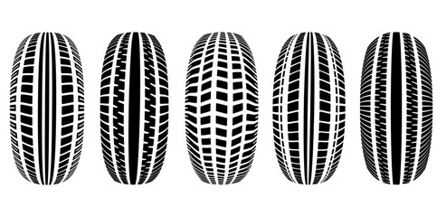 Black graphic tire print designs showing different tread patterns for vehicles. Vector illustration
