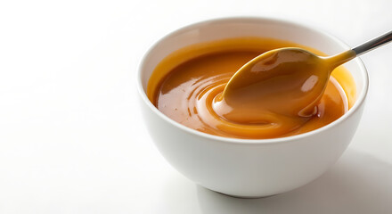 creamy caramel sauce in white bowl isolated on transparent background