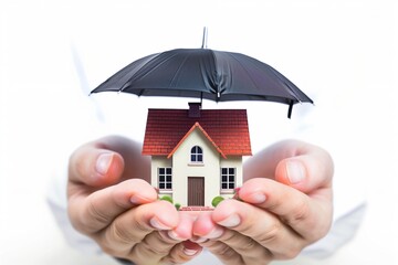 Faceless hands holding small house under umbrella, symbolic hurricane protection, clean white background, insurance concept.