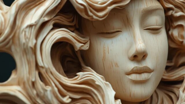 Serene sculpture of a woman's face surrounded by flowing hair, capturing tranquility and artistry