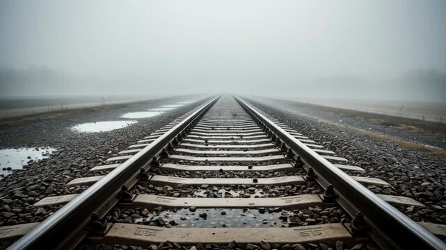 Railroad Tracks Disappear into Misty Horizon, Atmospheric Journey
