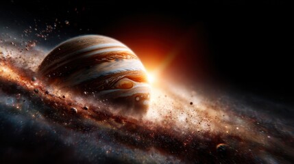 A stunning depiction of the planet Jupiter amid a cosmic nebula, with vibrant colors and starry backgrounds, invoking a sense of wonder and exploration in the universe.