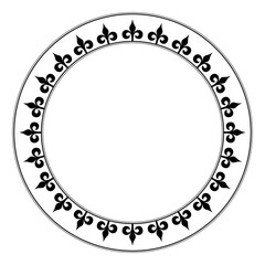 Circle frame with fleur-de-lis pattern. Decorative border, made of stylized iris flowers, symmetrically arranged around a circle, framed and bordered by circles. Isolated black and white illustration.