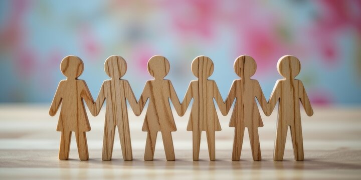 wooden cutout people arranged symmetrically, cinematic lighting, close up macro focus, natural textures emphasized, blurred pastel background, concept of unity and friendship