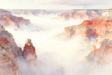Ethereal Grand Canyon Mist Watercolor Landscape