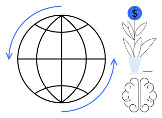 Globe encircled by arrows, plant with dollar sign, brain. Ideal for sustainability, innovation, global economy, growth, finance education creativity. Simple flat metaphor