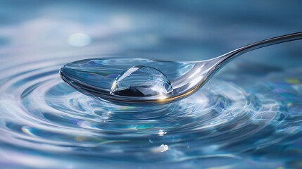 Close up of a single water droplet forming ripples on a smooth surface with a spoon.